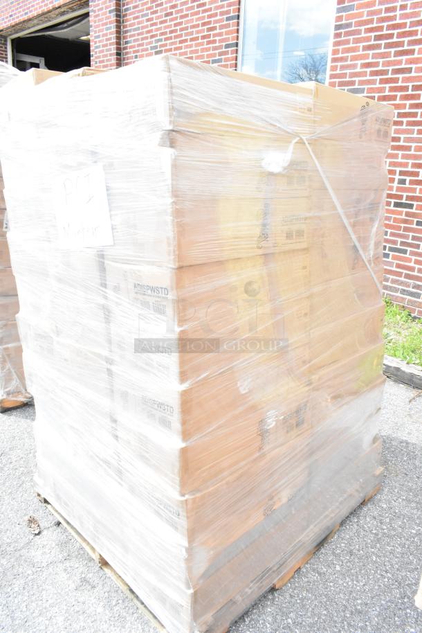 Pallet of 60 boxes, each with a new Service Ideas ADISPWSTD 27 oz dispenser and floor stand, wrapped in plastic.