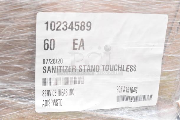 60 new Service Ideas ADISPWSTD 27 oz gel soap dispensers with floor stand, 53"H, white. Item label shows sanitizer stand details.