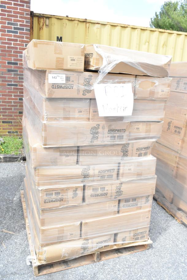 Pallet of 60 new Service Ideas ADISPWSTD 27 oz gel soap dispensers with floor stands, in sealed boxes.