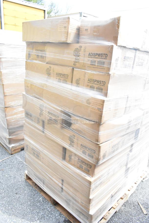 Pallet of 60 new Service Ideas ADISPWSTD 27 oz gel soap and sanitizer dispensers with floor stands, boxed and shrink-wrapped.