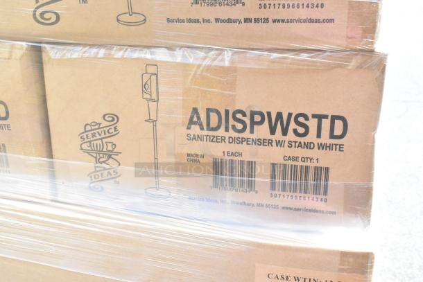 New boxes of 60 Service Ideas ADISPWSTD 27 oz sanitizer dispensers with floor stand, 53" height, white.