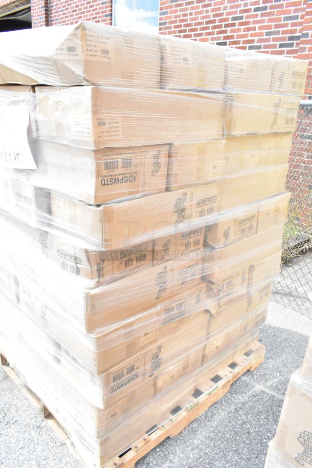 Stack of sealed boxes on a pallet, containing 60 Service Ideas ADISPWSTD 27 oz gel soap and sanitizer dispensers with floor stands, new.