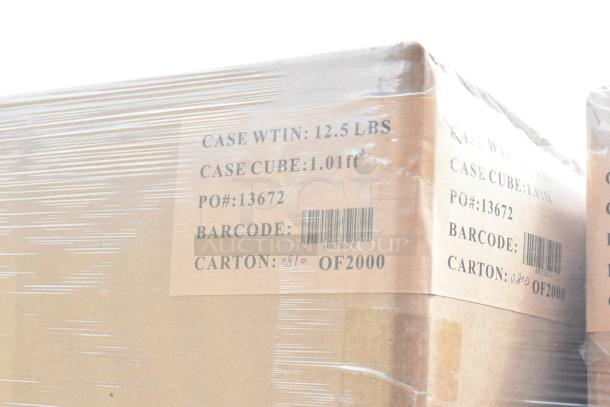 Cardboard box labeled "Case Wt: 12.5 lbs, Case Cube: 1.01 ft³, PO#: 13672, Barcode: MN13672, Carton: 840 of 2000," wrapped in plastic.