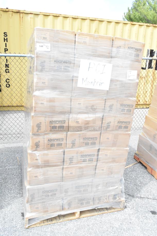 Pallet of 60 new in box Service Ideas ADISPWSTD 27 oz gel soap dispensers with floor stands. Boxes labeled and shrink-wrapped.