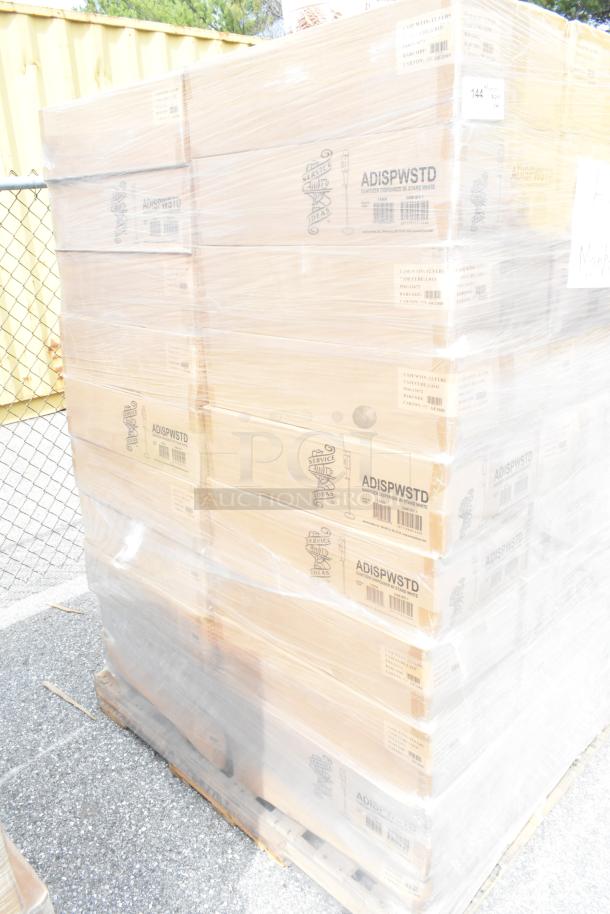 Pallet of 60 boxed Service Ideas ADISPWSTD 27 oz gel soap and sanitizer dispensers on floor stand, 53" high, in white.