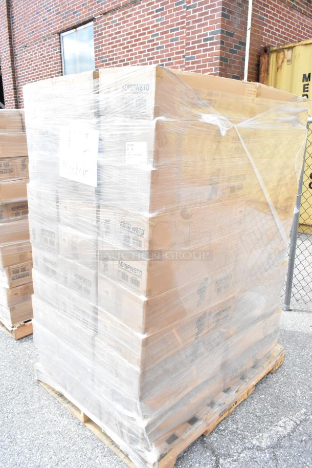 Pallet of 60 boxed Service Ideas ADISPWSTD soap dispensers with floor stands, 27 oz, white, wrapped in plastic.