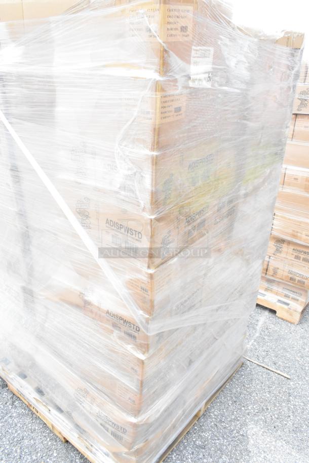 Pallet of 60 new Service Ideas ADISPWSTD gel soap dispensers in boxes, wrapped in plastic, labeled with model number.