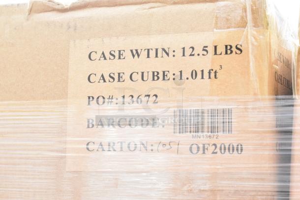 Cardboard box showing shipping details with a weight of 12.5 lbs, cube size 1.01 ft³, PO# 13672, and barcode.