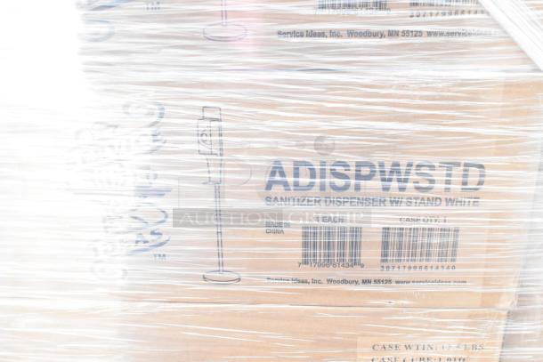 Boxes of 60 new Service Ideas ADISPWSTD 27 oz soap and sanitizer dispensers with floor stand, model info visible.