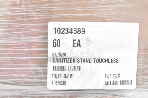 Box of 60 Service Ideas ADISPWSTD 27 oz dispensers with floor stand, brand new, white, labeled as touchless sanitizer stands.