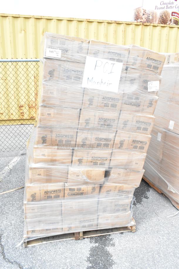 Pallet of 60 new Service Ideas ADISPWSTD 27 oz dispensers in boxes with floor stands, wrapped in plastic for auction.