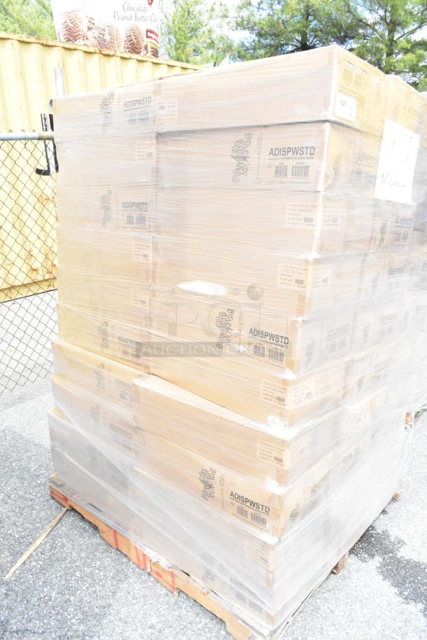 Pallet of 60 packed Service Ideas 27 oz gel soap dispensers with floor stands; labeled ADISPWSTD; new in box.