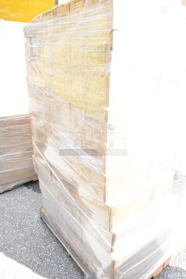 Pallet of 60 boxed Service Ideas ADISPWSTD 27 oz gel soap dispensers with floor stands, white, 53" high.