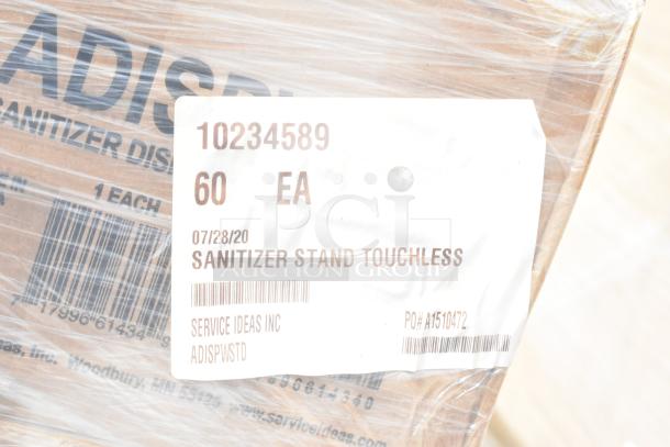 Brand new Service Ideas ADISPWSTD 27 oz gel soap and sanitizer dispenser in box, includes 60 floor stands, white.