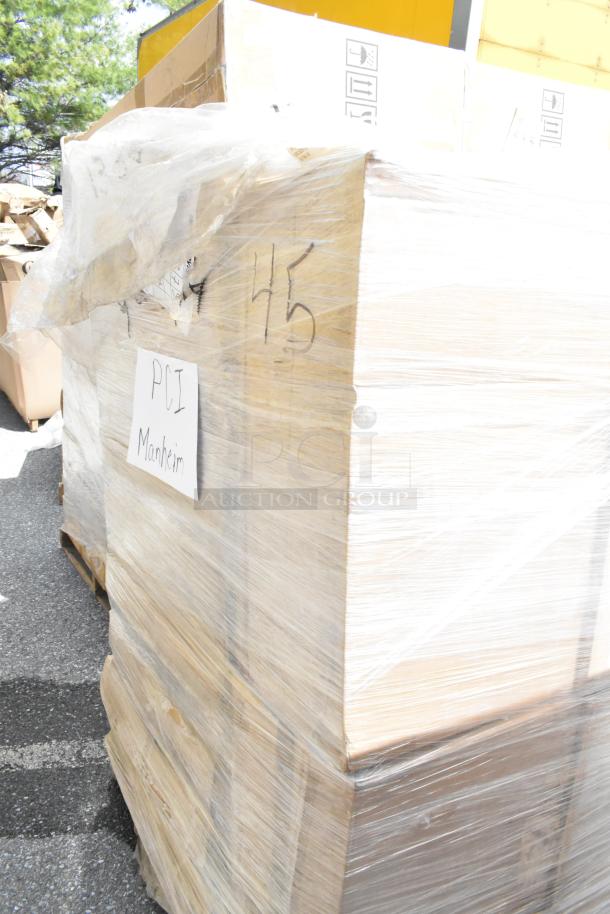 Large shrink-wrapped pallet containing 45 Alpine ALP430-STAND-BLK sanitizer and soap dispenser stands in original boxes.