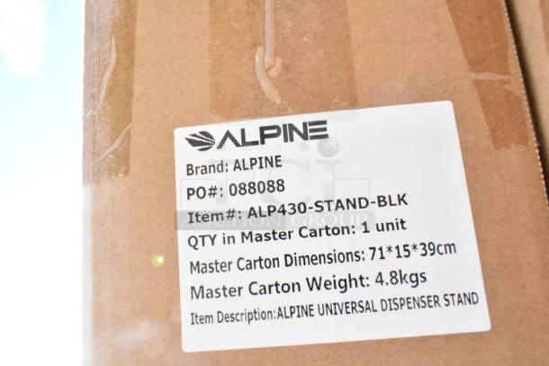 Brand new Alpine ALP430-STAND-BLK sanitizer stand in box, labeled with model and dimensions, 45 units available.