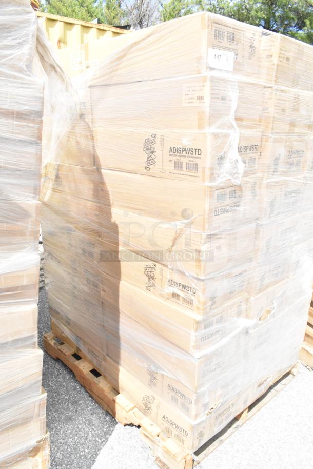 Service Ideas 27 oz gel soap dispensers in boxes on pallet, white, with floor stand, 53" H, new condition.