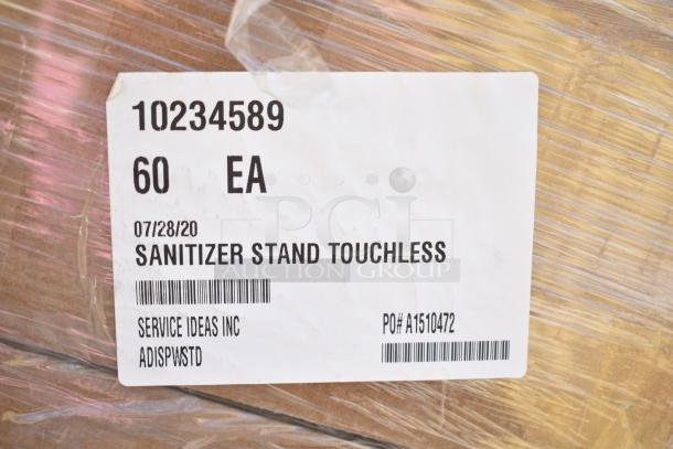 Service Ideas ADISPWSTD 27 oz sanitizer dispenser with floor stand. New, in box, white, 60 units, touchless.