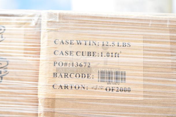 Box label showing case weight (12.5 lbs), dimensions (1.01 ft³), PO#: 13672, carton number 814 of 2000. Barcode included.