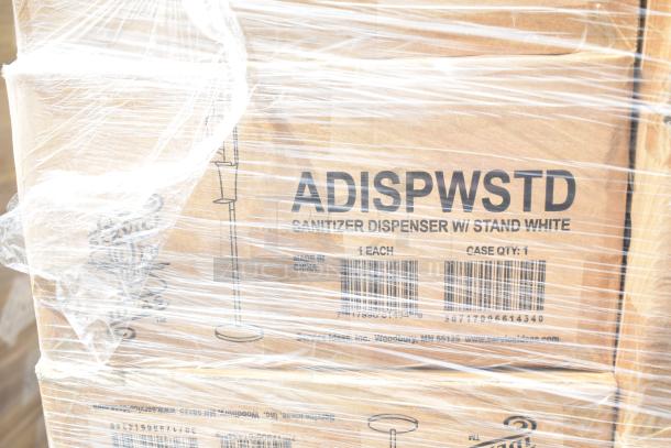 60 new Service Ideas ADISPWSTD 27 oz gel soap dispensers with floor stands, white, boxed, wrapped in plastic.