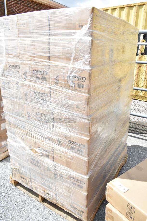 Pallet of 60 new Service Ideas ADISPWSTD soap and sanitizer dispensers with floor stands in boxes, shrink-wrapped.