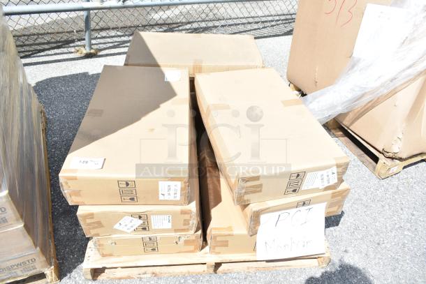 9 new Alpine ALP430-STAND-BLK sanitizer and soap dispenser stands in sealed boxes on a pallet, ready for auction.