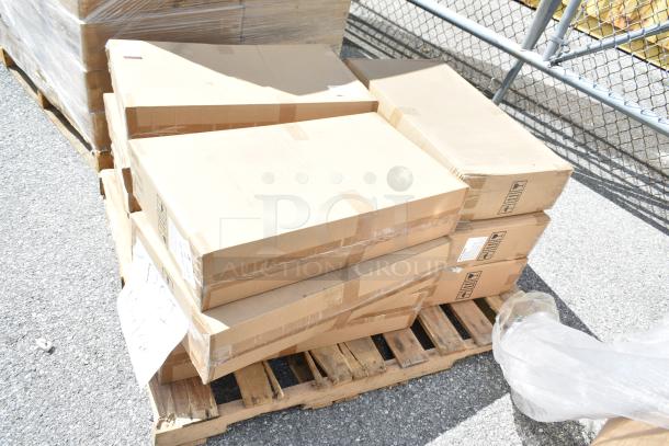 Nine new Alpine ALP430-STAND-BLK sanitizer and soap dispenser stands in sealed boxes on a wooden pallet.