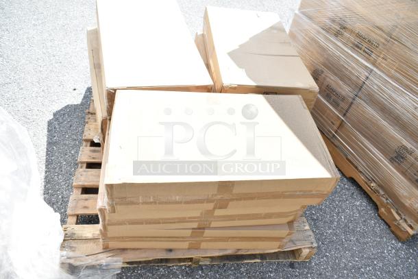 Nine brand new Alpine ALP430-STAND-BLK Universal Sanitizer and Soap Dispenser Stands in boxes on a pallet.