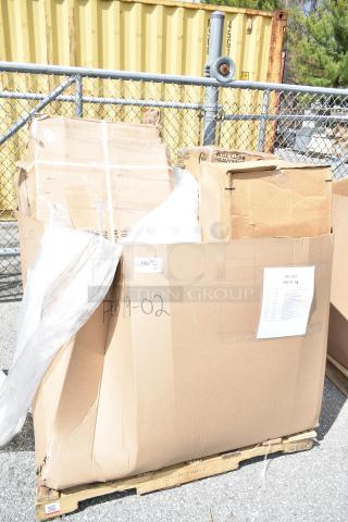 Large cardboard box and pallet containing 18 new scratch-and-dent items including plates, trays, and foam cups. Labeled FEB19-02.