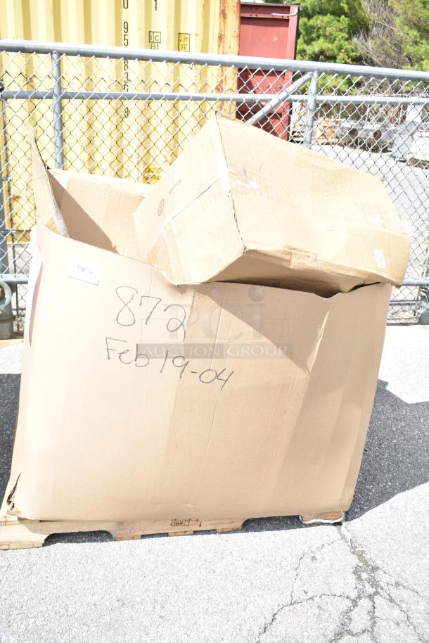 Large cardboard box on a pallet labeled "872 Feb19-04," containing 16 scratch and dent items like flush valves and folding tables.