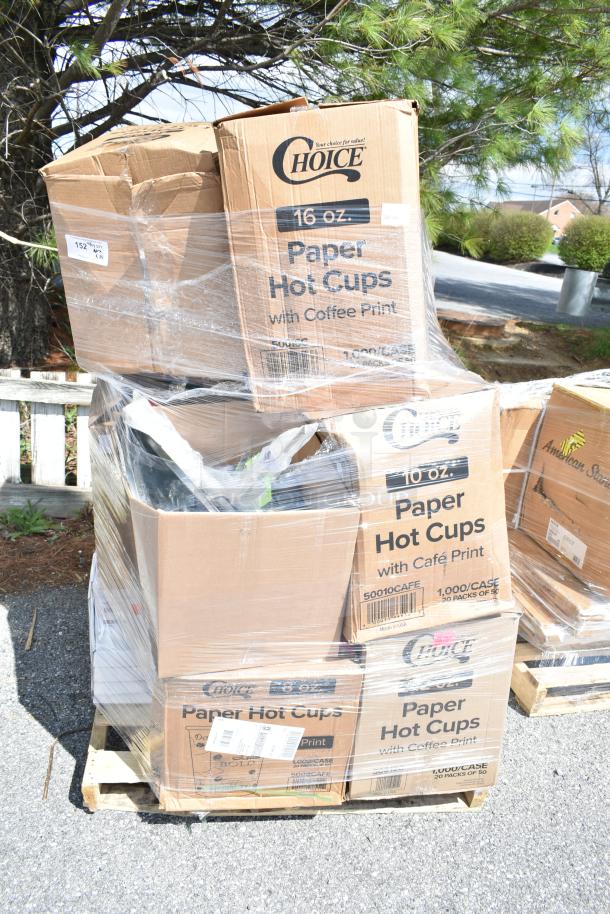 34 boxes of scratch and dent Choice paper hot cups, 16 oz, packed and wrapped on a pallet, visible labels.