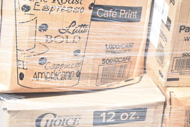 Boxes of brand new, scratch-and-dent hot cups, including "Choice" 12 oz and "Café Print" labels; 1,000/case.