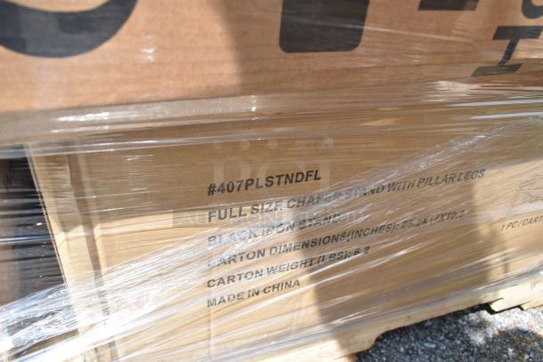 Sealed cardboard boxes labeled "#407PLSTNDFL" on a pallet, wrapped in plastic. Boxes contain full-size chafer stands.