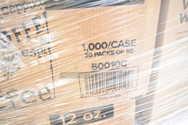 Boxes of hot cups wrapped in plastic. Label reads "1,000/Case, 20 Packs of 50, 50010C, Made in USA."