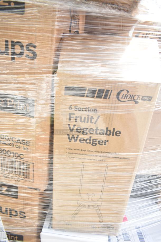 Packaging of 34 brand new scratch-and-dent items, including Choice Prep 6-section fruit/vegetable wedgers and hot cups.