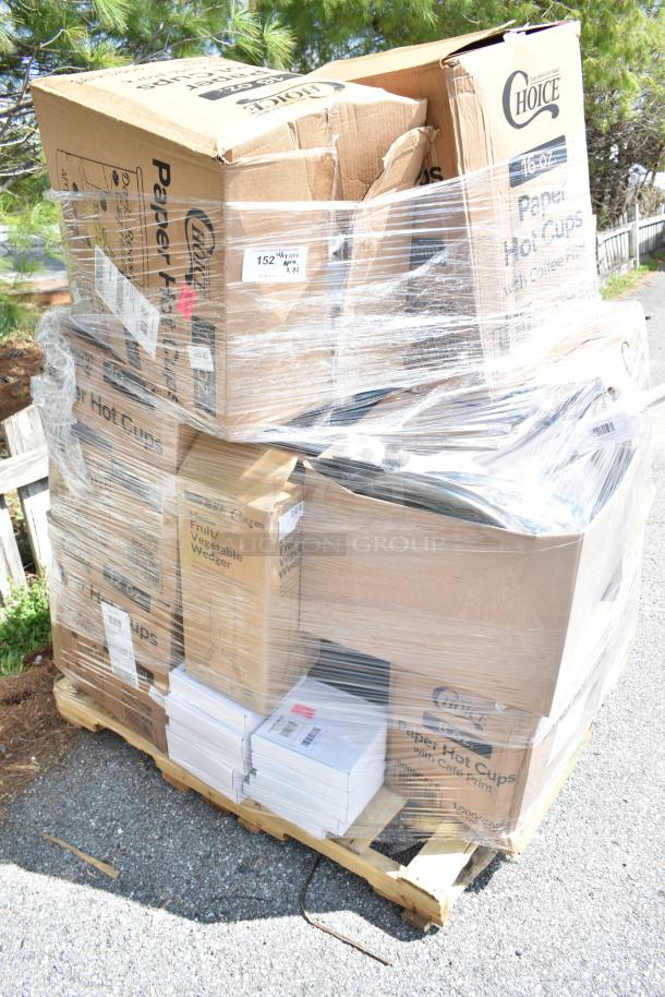 Pallet of 34 new scratch and dent items, including Choice brand hot cups, wrapped in plastic. Various boxes visible.