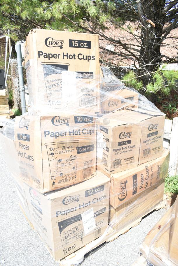 Pallet with 34 boxes of Choice brand paper hot cups, sizes 4-16 oz, new with scratch and dent. Cafe and coffee print visible.