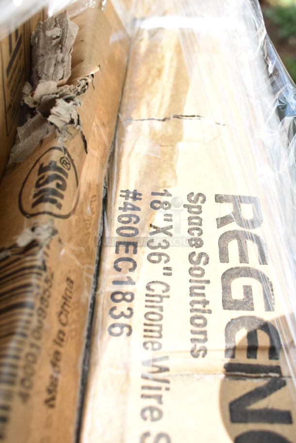 Box labeled "Regency Space Solutions 18"x36" Chrome Wire Shelf, #460EC1836," showcasing scratch and dent damage.
