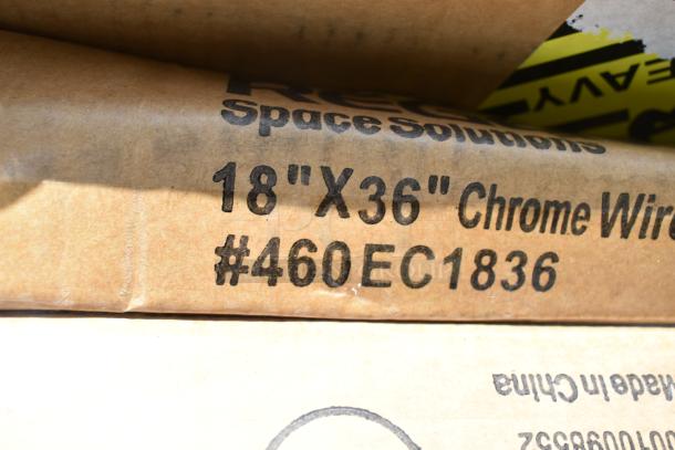 Cardboard packaging with label: "18"x36" Chrome Wire #460EC1836." Contains new wire shelf.