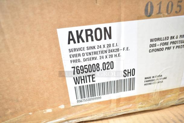 Cardboard box with a label for Akron service sink, model 7695008.020, white, 24x20. Made in China. Scratch and dent condition.