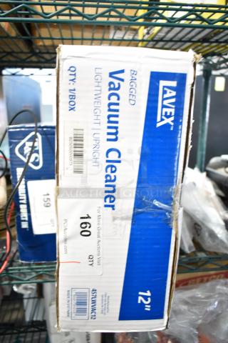 Lavex 12" Light Weight Upright Bagged Vacuum Cleaner, new, scratch and dent condition, model 457LWVAC12, visible box.