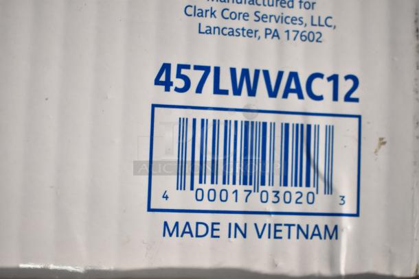 Barcode and product information label for Lavex 457LWVAC12 Light Weight Upright Vacuum Cleaner, made in Vietnam.