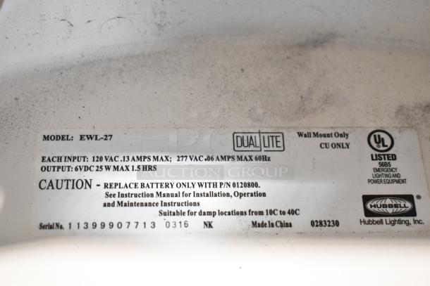 Label of Dual Lite Model EWL-27 indicating input/output specs, battery replacement caution, UL certification, and Hubbell branding.