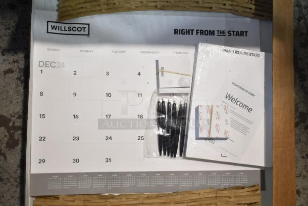 Willscot calendar set, brand new, minor scratch and dent. Includes pens, sticky notes, and welcome booklet.
