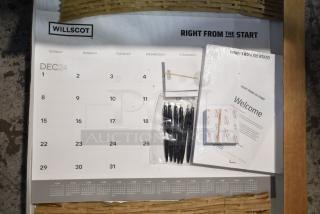 Willscot calendar set, brand new, minor scratch and dent. Includes pens, sticky notes, and welcome booklet.