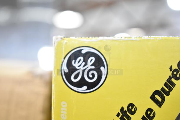 GE branded packaging for high beam lights, yellow box with logo, indicating contents and condition.