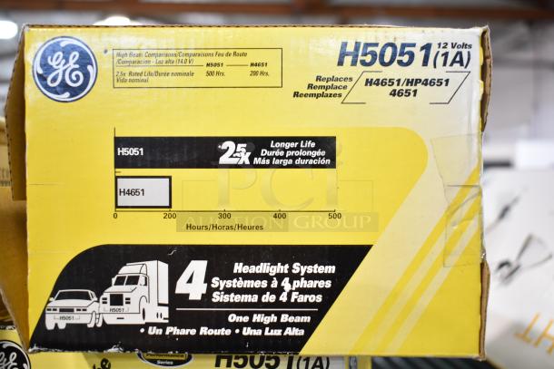 GE High Beam Lights, Model H5051, 12V, 2.5x longer life, compatible with H4651/HP4651. Box detail showing specs and logo.