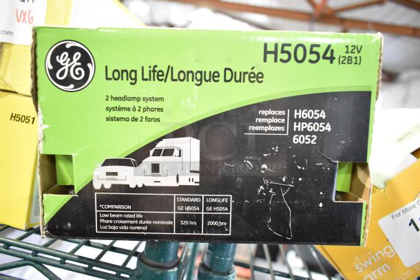 Box of GE H5054 Long Life headlamps, 12V, for 2 headlamp system, replaces models H6054, HP6054, and 6052. 

