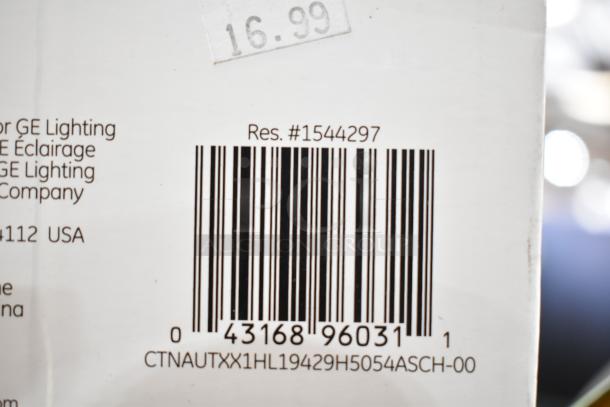 Barcode with reference number #1544297 and a price tag of $16.99 on GE Lighting packaging.
