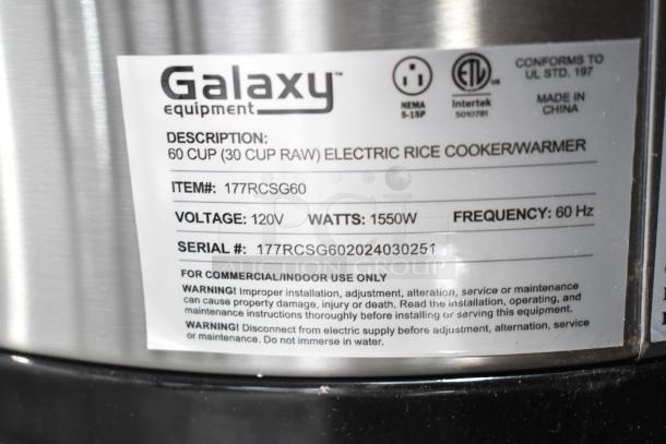 Galaxy 177RCSG60 2024 Countertop Rice Cooker/Warmer, 60 Cup Capacity, 120V, new with visible label and specifications.